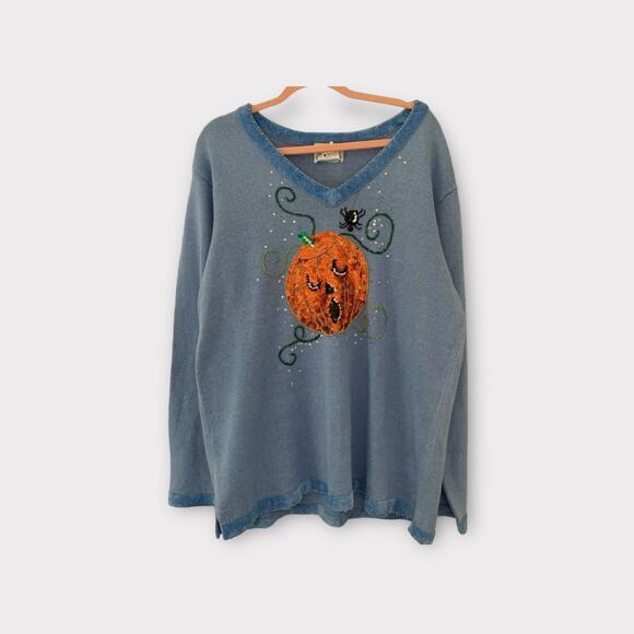 Vintage Halloween Sequin Jack O Lantern Pumpkin Coastal Grandma Sweater - Picture 13 of 13